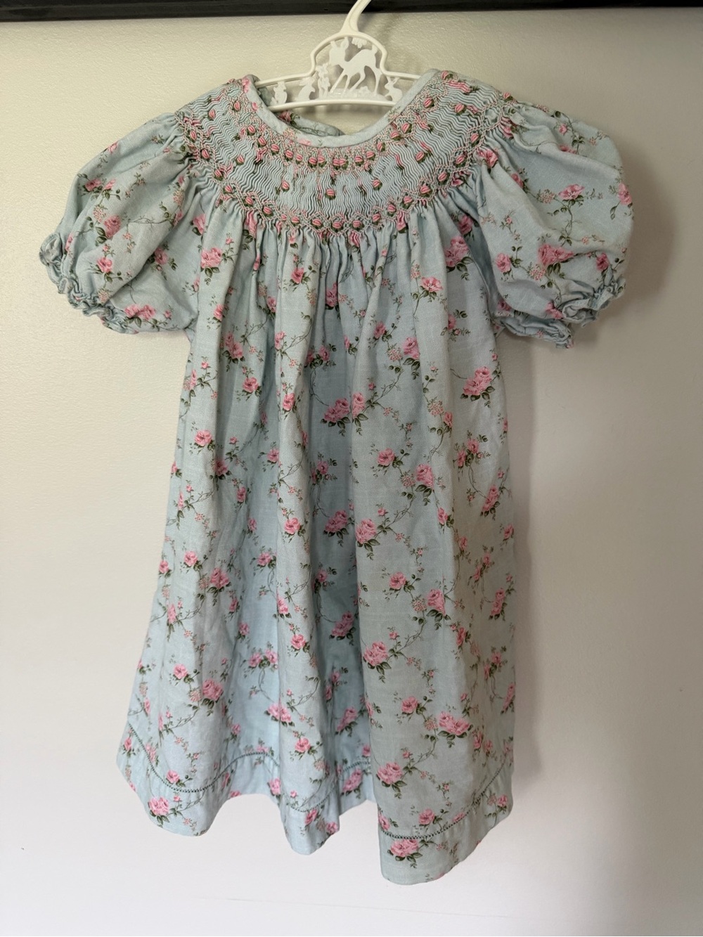 Girls' Light Blue Floral Smocked Puff-Sleeve Dress
